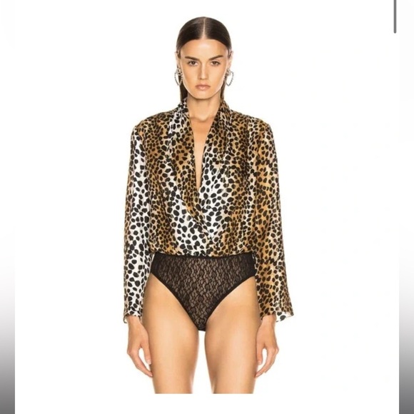 Rixo Leopard Plunge Surplice Metallic Gold Bodysuit - Picture 3 of 7